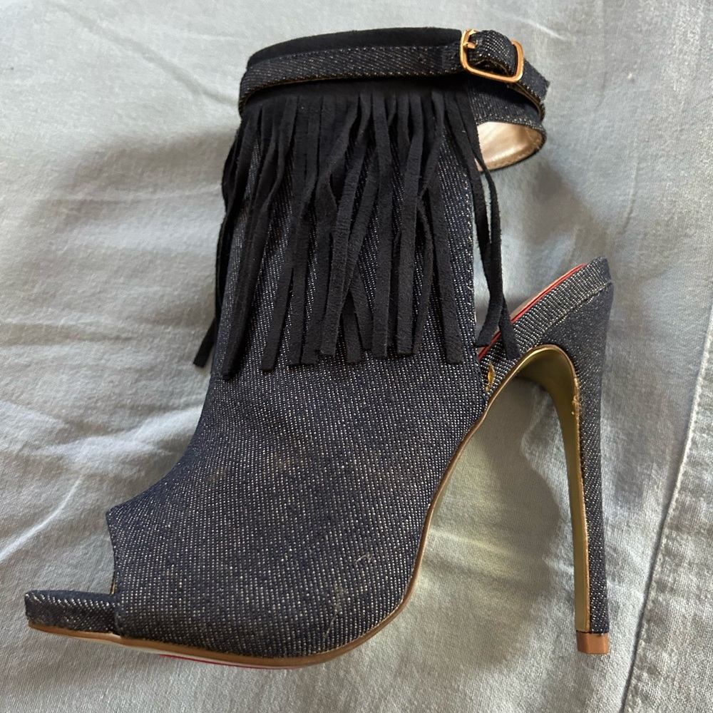Luichiny Navy Denim Open Toe Shootie with Fringes